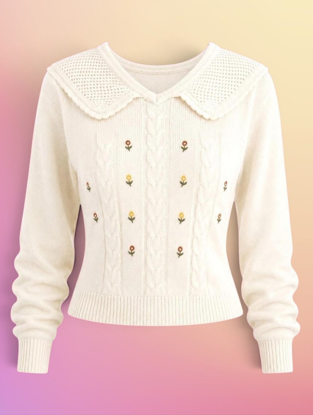 Vintage 70s Embroidered Cable Knit Sweater M